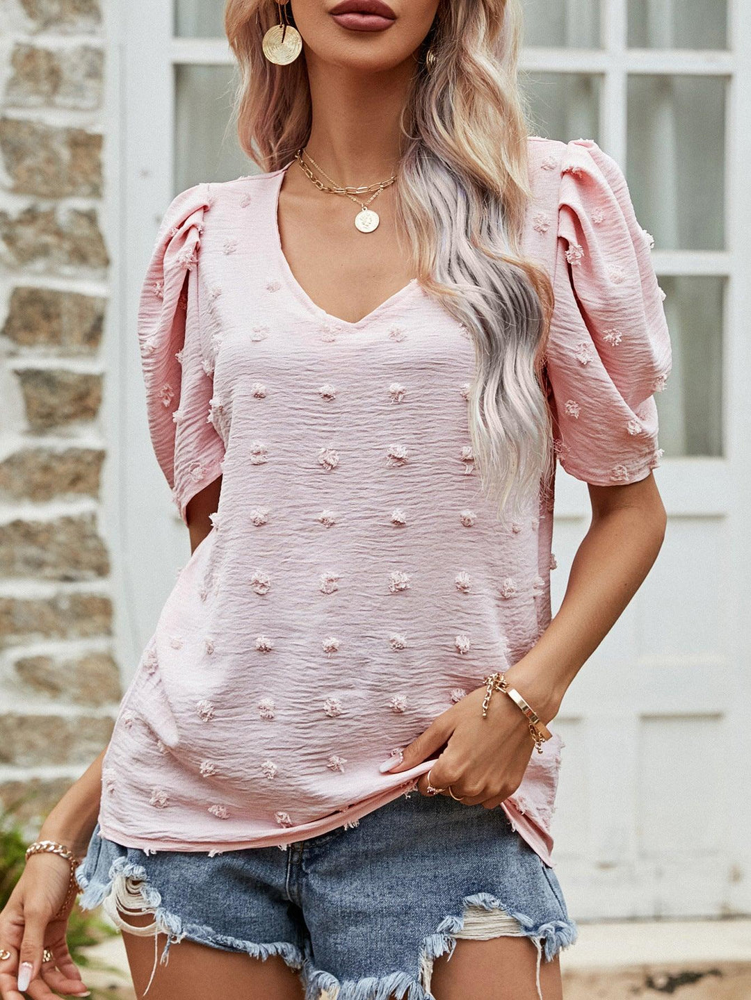 Swiss Dot Short Puff Sleeve Top - BELLATRENDZ