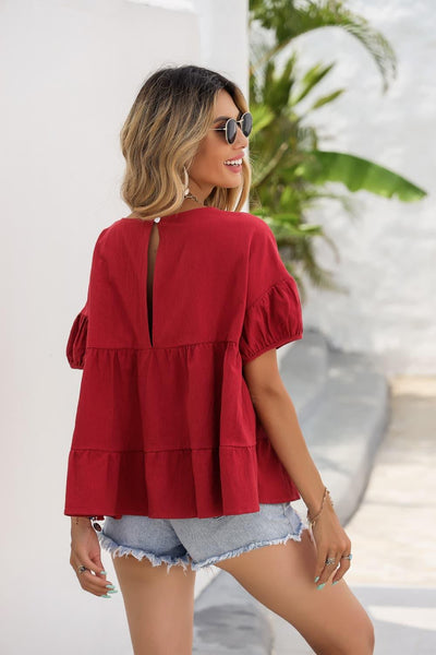 Round Neck Ruched Short Sleeve Blouse