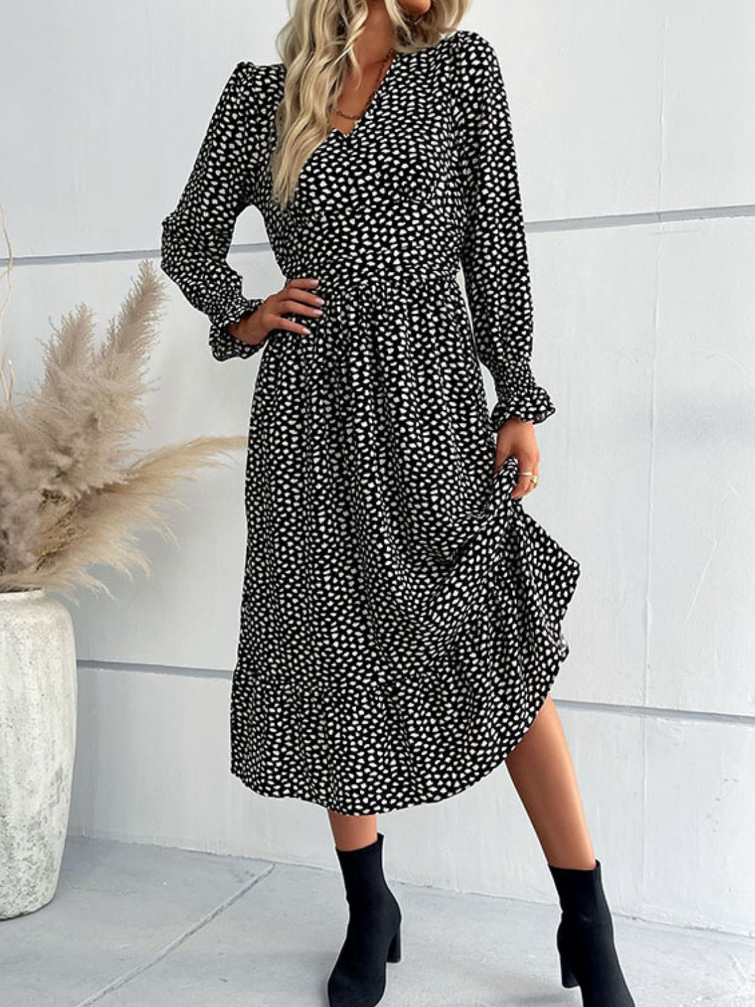 Printed Flounce Sleeve V-Neck Midi Dress