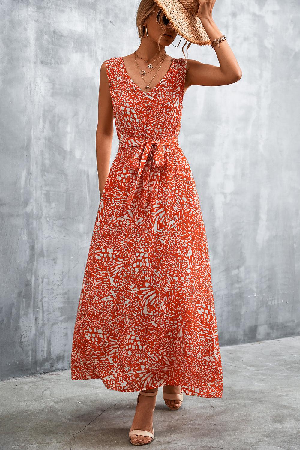 Printed V-Neck Tie Waist Maxi Dress - BELLATRENDZ