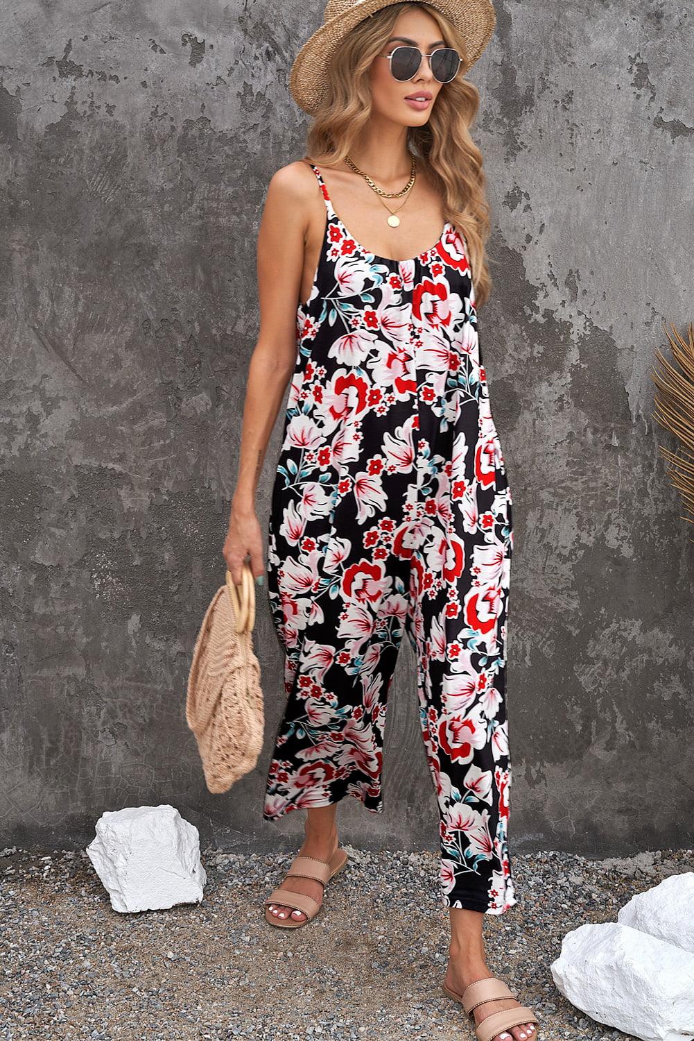 Botanical Print Spaghetti Strap Cropped Jumpsuit - BELLATRENDZ