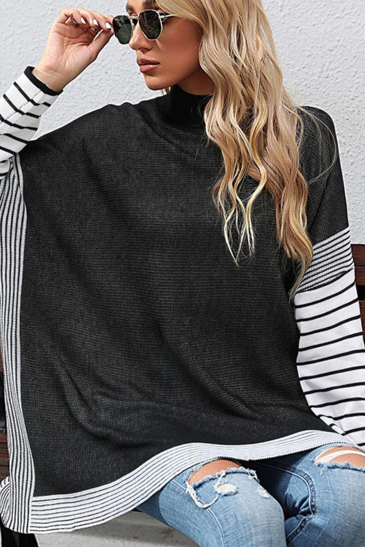 Striped Dolman Sleeve Mock Neck Knit Pullover - BELLATRENDZ