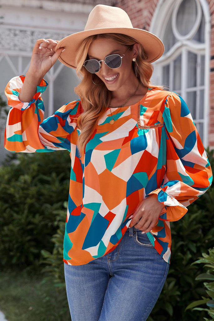 Geometric Flounce Sleeve Blouse - BELLATRENDZ