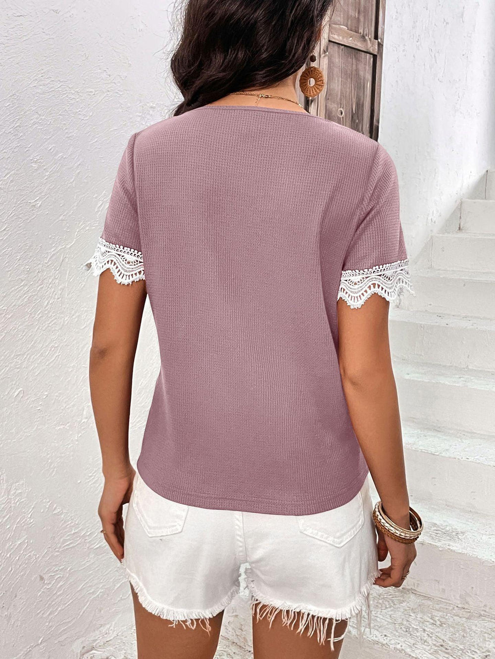 Decorative Button Spliced Lace Short Sleeve Top - BELLATRENDZ