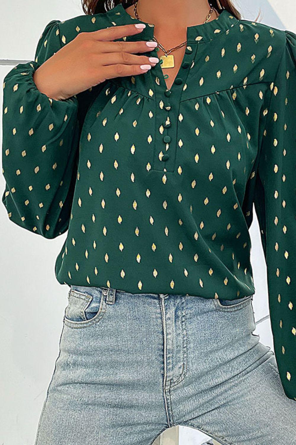 Printed Buttoned Puff Sleeve Blouse - BELLATRENDZ