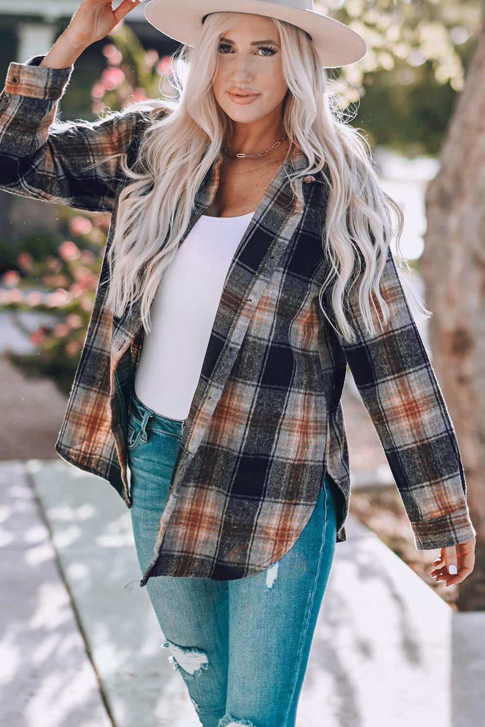 Plaid Side Slit Curved Hem Shirt - BELLATRENDZ