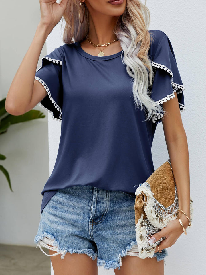 Pom-Pom Trim Flutter Sleeve Round Neck Tee - BELLATRENDZ