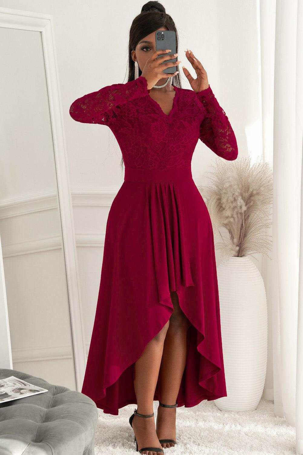 Lace High-Low V-Neck Dress - BELLATRENDZ