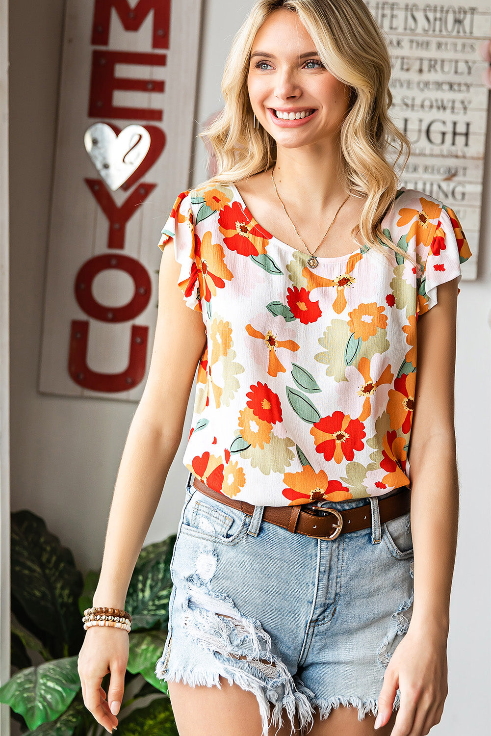 Floral Flutter Sleeve Round Neck Blouse