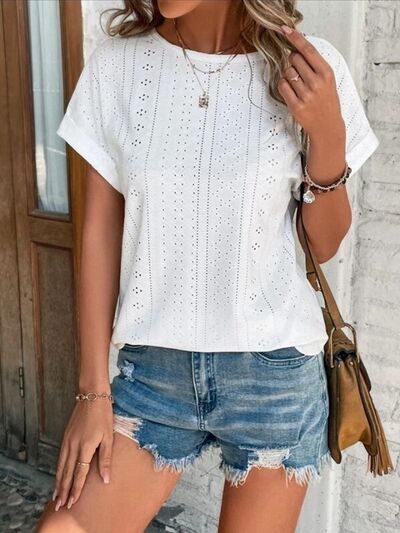 Eyelet Round Neck Short Sleeve T-Shirt