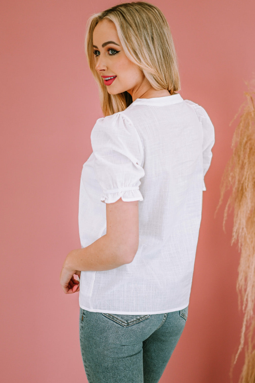 Embroidered Notched Neck Flounce Sleeve Top