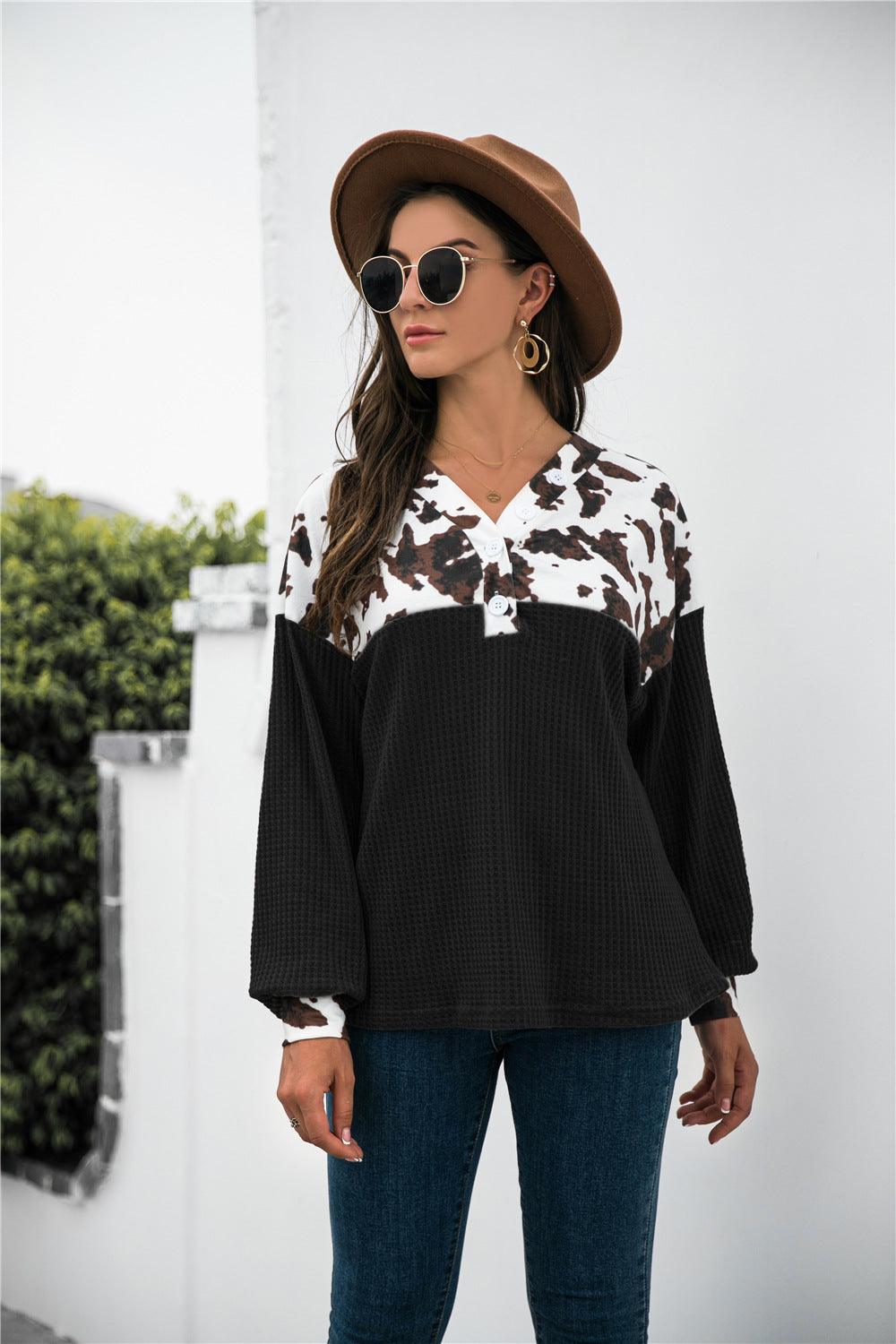 Animal Print Color Block Waffle-Knit Top - BELLATRENDZ