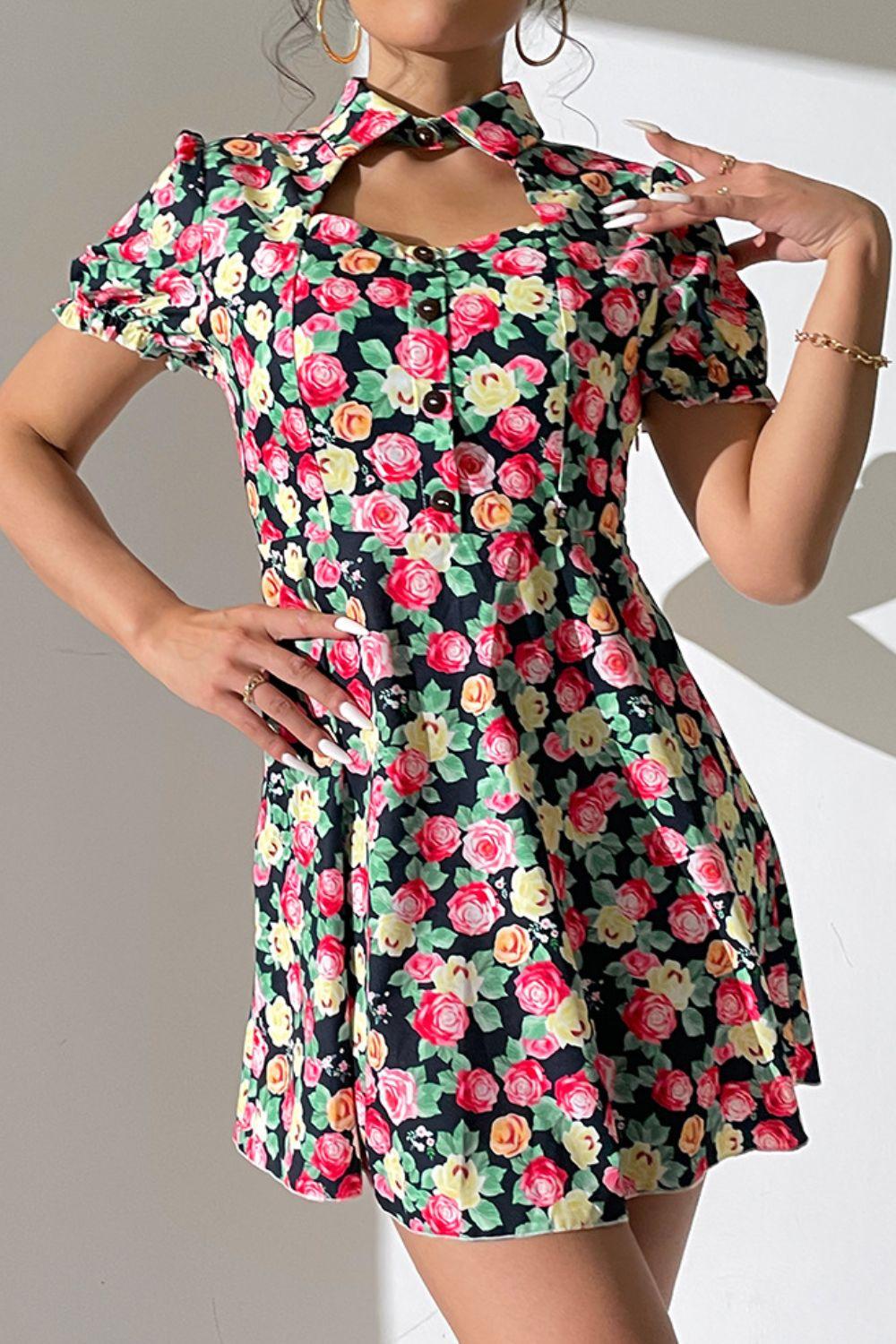 Floral Buttoned Cutout Puff Sleeve Dress - BELLATRENDZ