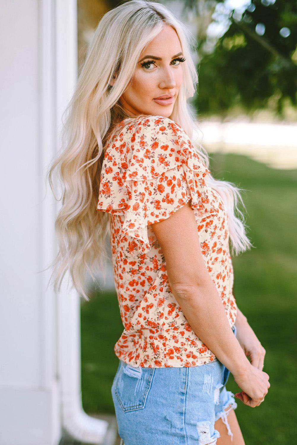 Floral Round Neck Flutter Sleeve Blouse - BELLATRENDZ