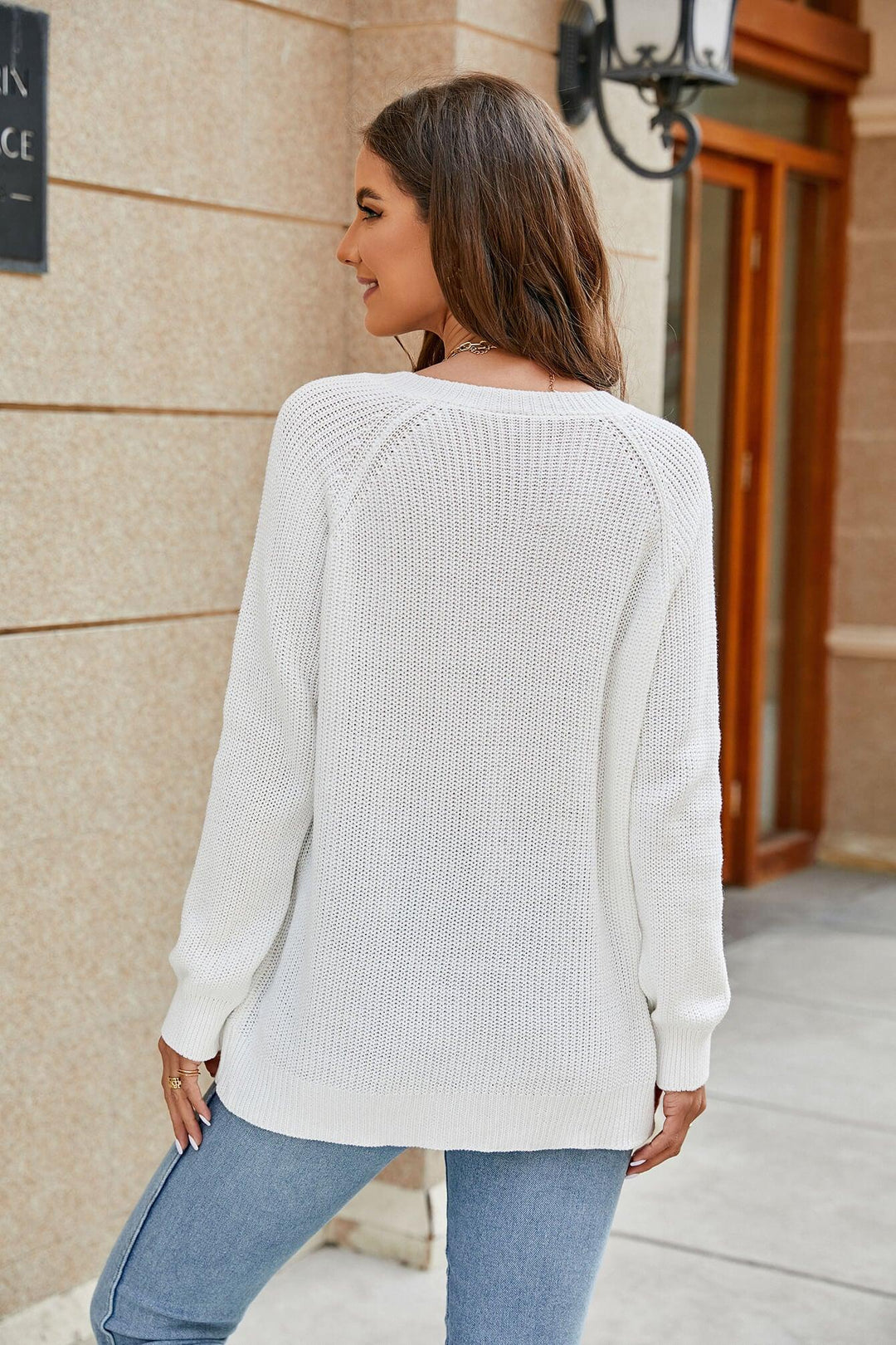 Raglan Sleeve Ribbed Trim Plunge Knit Top - BELLATRENDZ