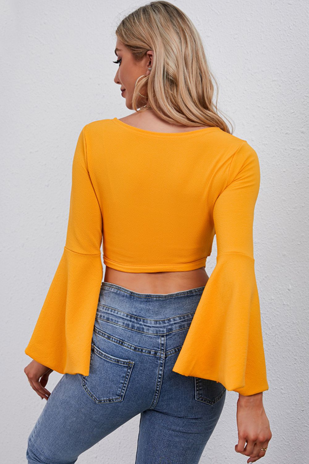 Tie Front Flare Sleeve Cropped Top
