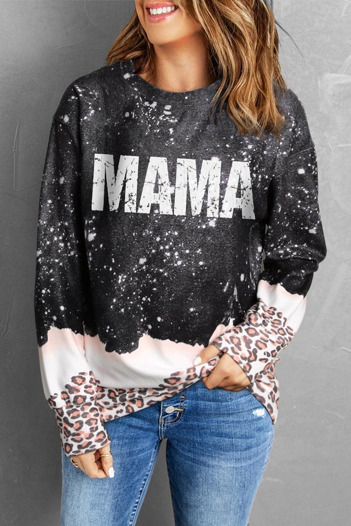 MAMA Leopard Color Block Round Neck Sweatshirt