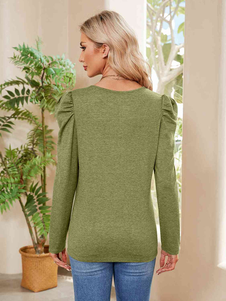 Buttoned Round Neck Puff Sleeve T-Shirt