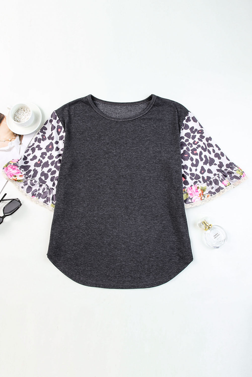 Leopard Flounce Sleeve Round Neck Top