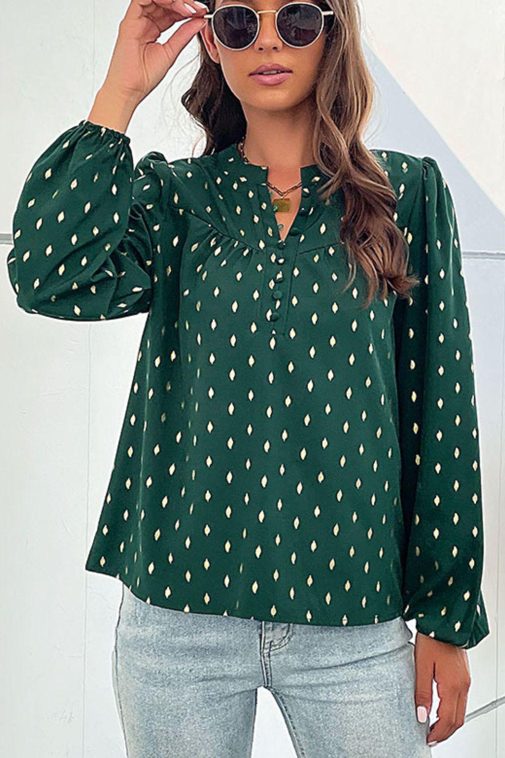 Printed Buttoned Puff Sleeve Blouse - BELLATRENDZ