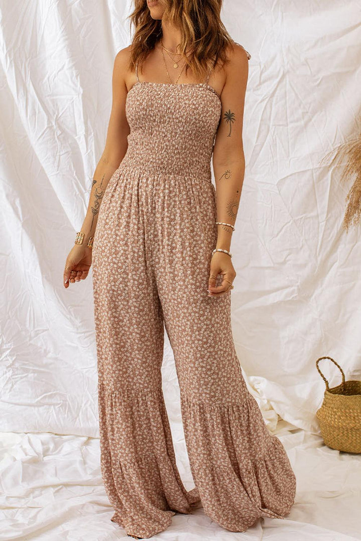 Floral Spaghetti Strap Smocked Wide Leg Jumpsuit - BELLATRENDZ