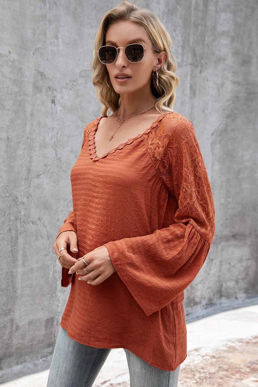 V-Neck Spliced Lace Flare Sleeve Top - BELLATRENDZ