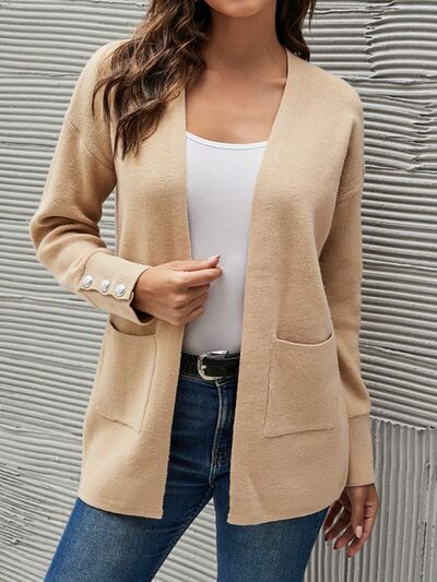 Pocketed Decorative Button Dropped Shoulder Cardigan