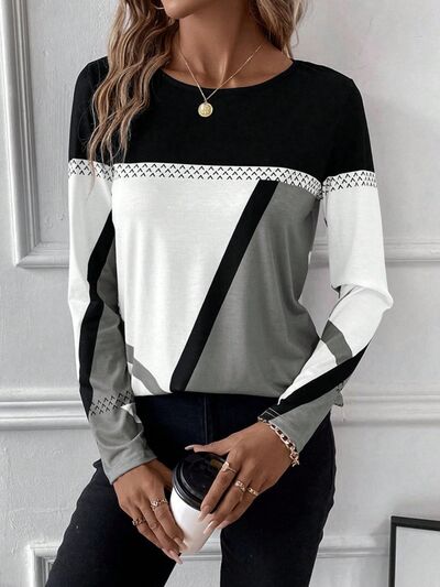 Contrast Round Neck Long Sleeve T-Shirt
