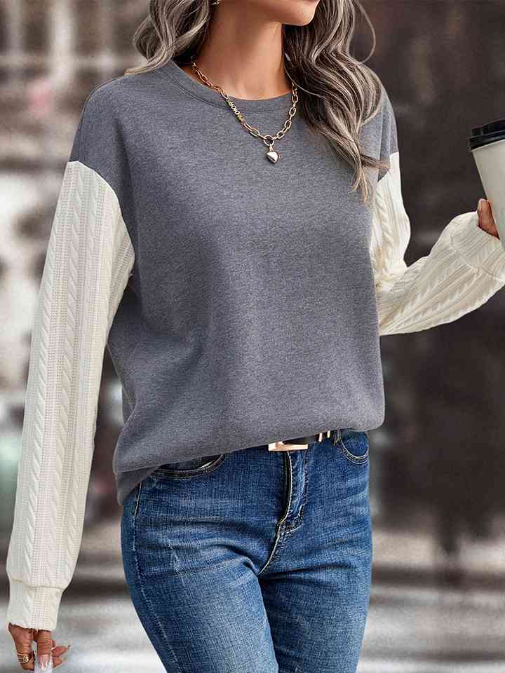 Contrast Round Neck Drop Shoulder Sweatshirt