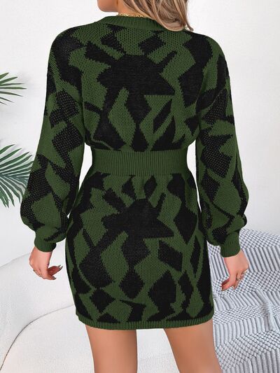 Contrast Round Neck Cutout Long Sleeve Mini Sweater Dress
