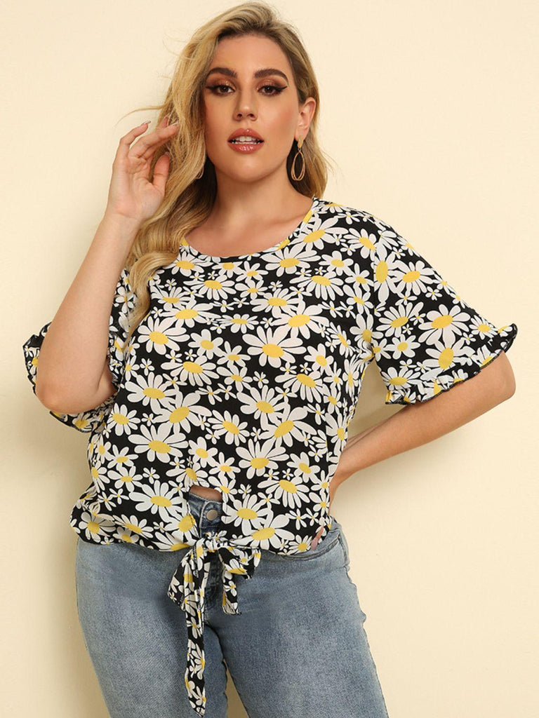 Plus Size Floral Round Neck Tie Hem Blouse - BELLATRENDZ