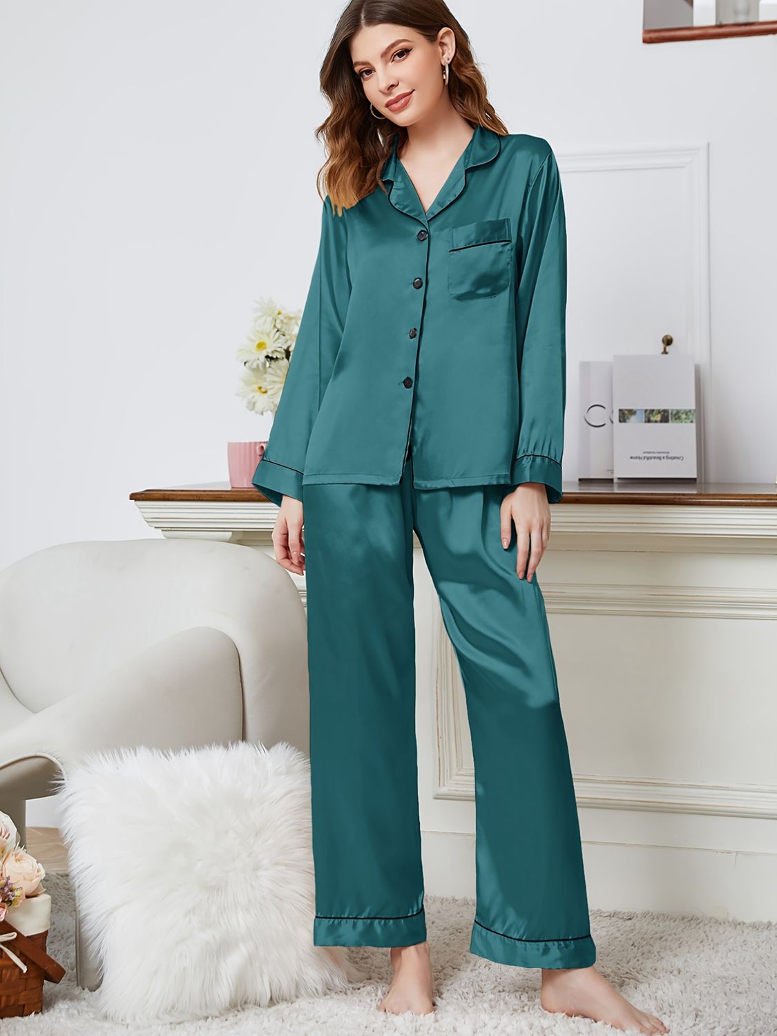 Lapel Collar Long Sleeve Top and Pants Pajama Set