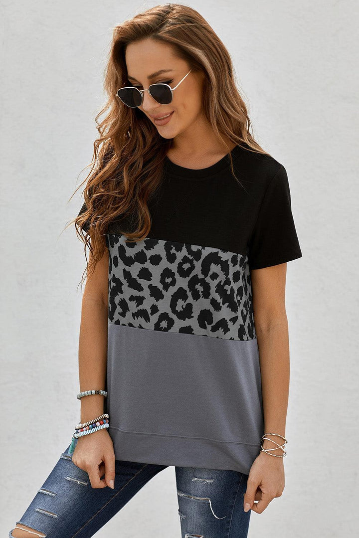 Leopard Print Color Block Short Sleeve T-Shirt - BELLATRENDZ