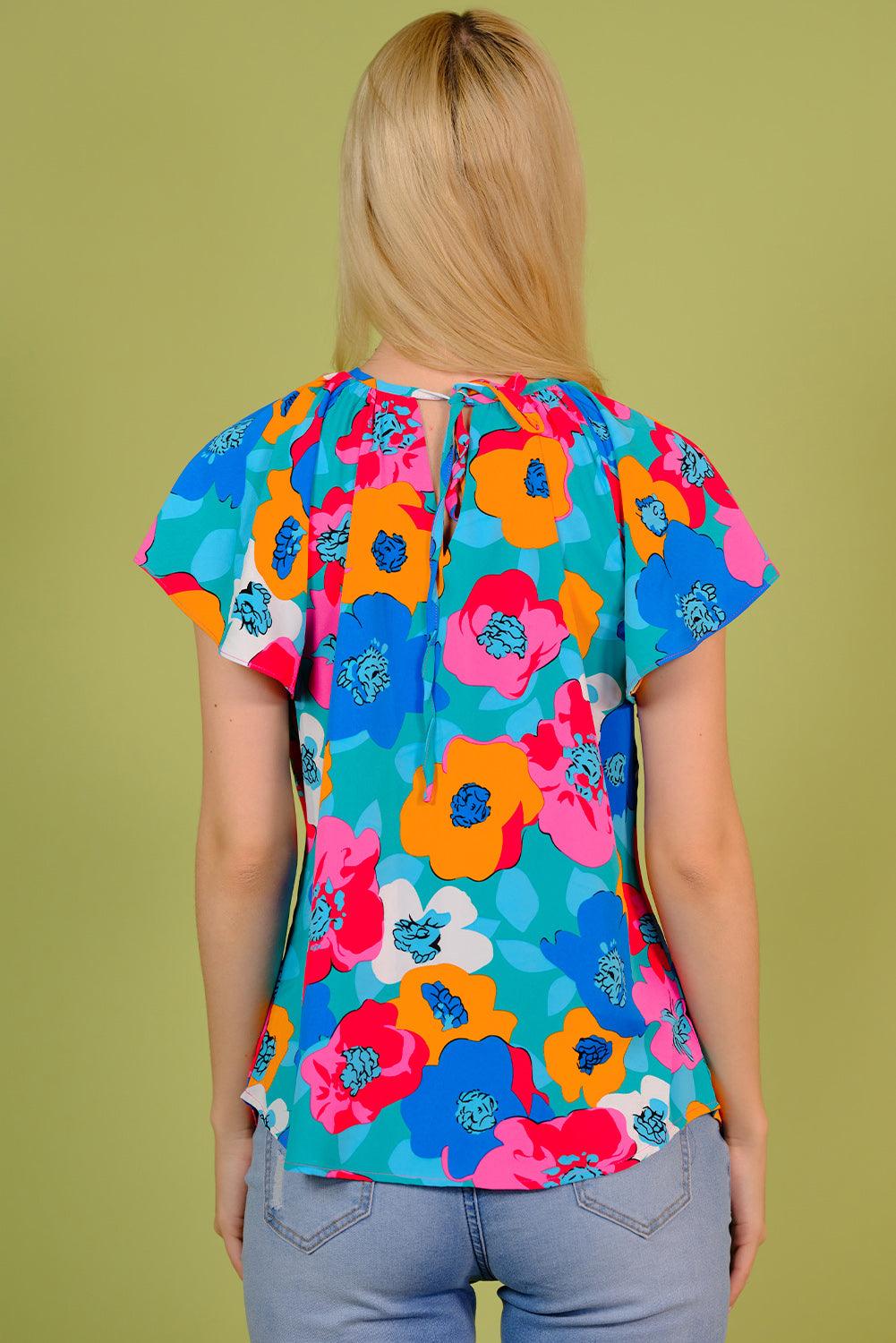 Floral Round Neck Tied Blouse - BELLATRENDZ