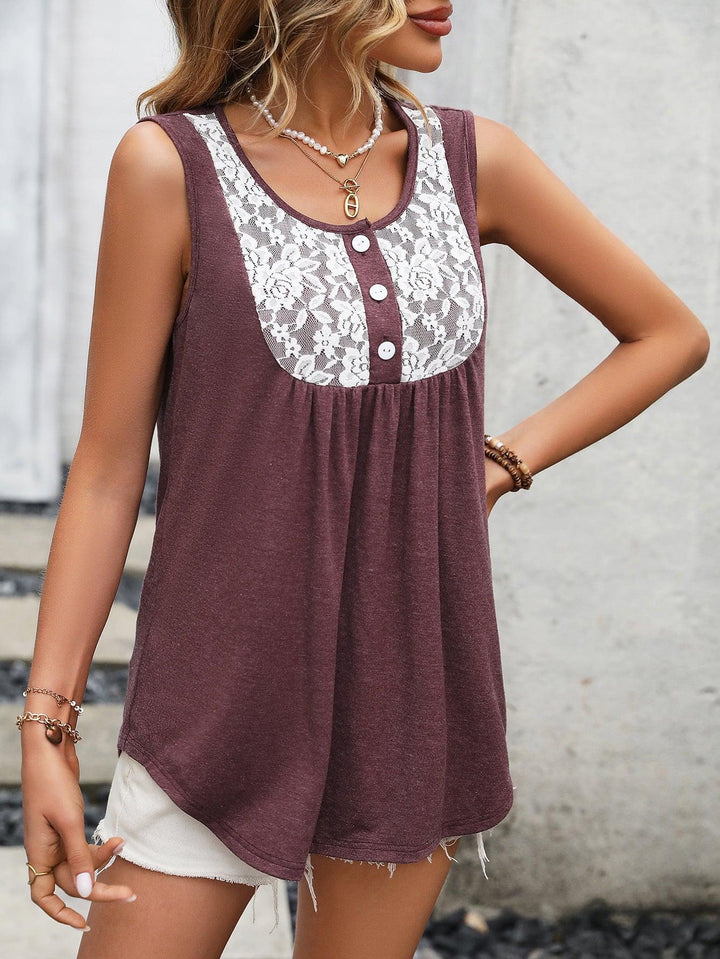 Lace Contrast Scoop Neck Tank - BELLATRENDZ