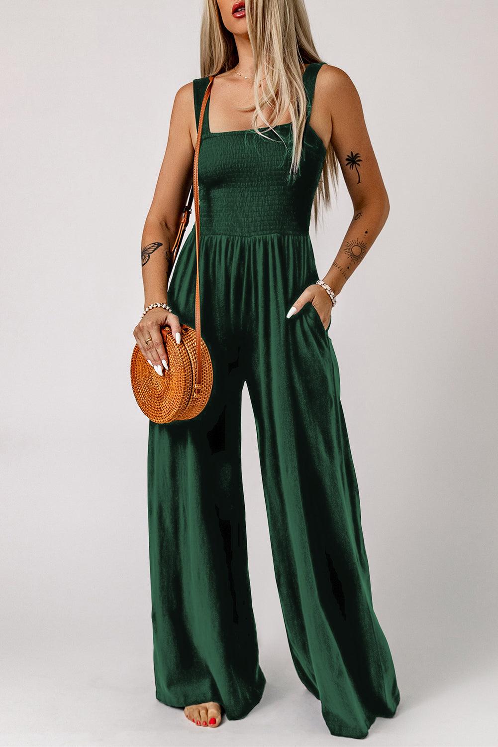 Smocked Square Neck Wide Leg Jumpsuit with Pockets - BELLATRENDZ