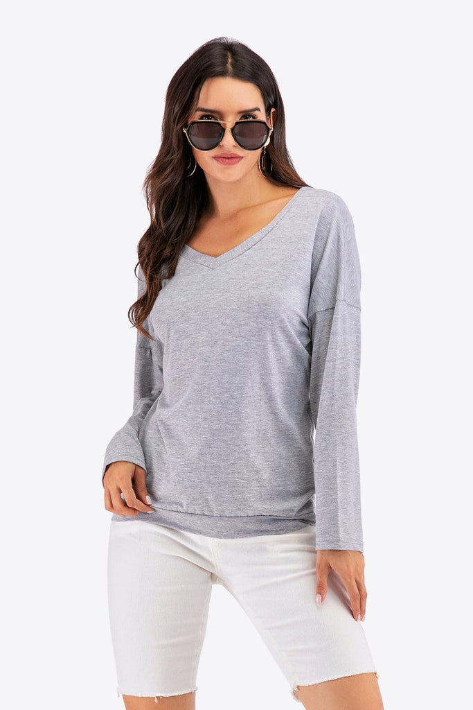 V-Neck Drop Shoulder Open Back Sweatshirt - BELLATRENDZ