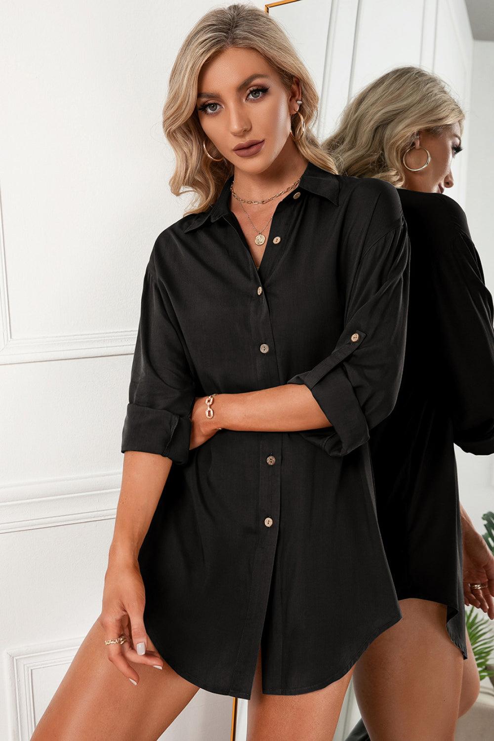 Solid Button Up Drop Shoulder Blouse - BELLATRENDZ