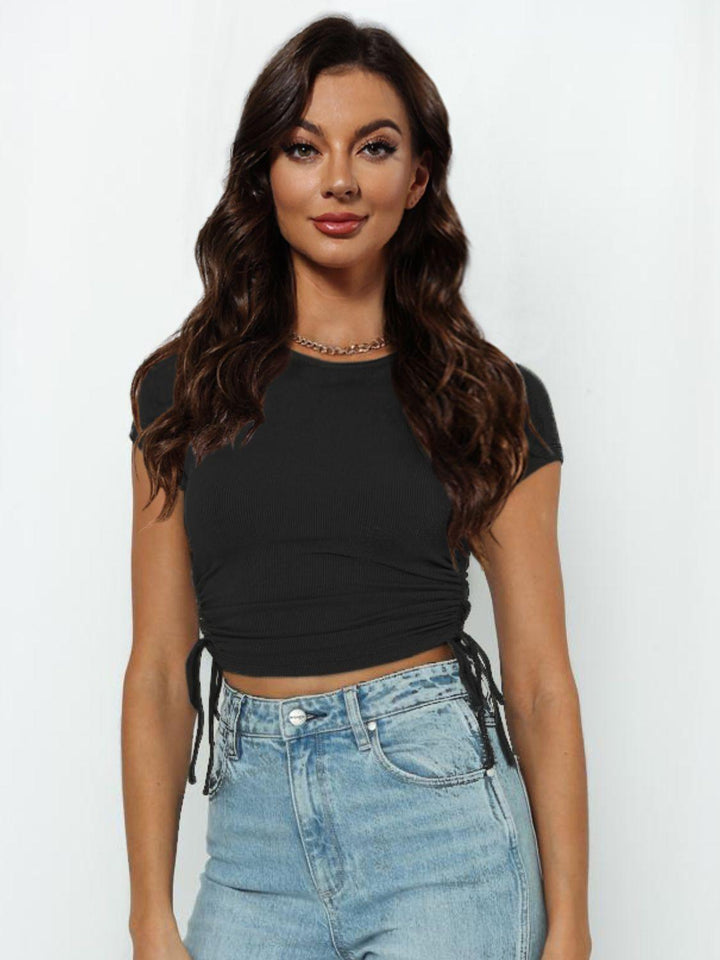 Round Neck Short Sleeve Drawstring Tee - BELLATRENDZ