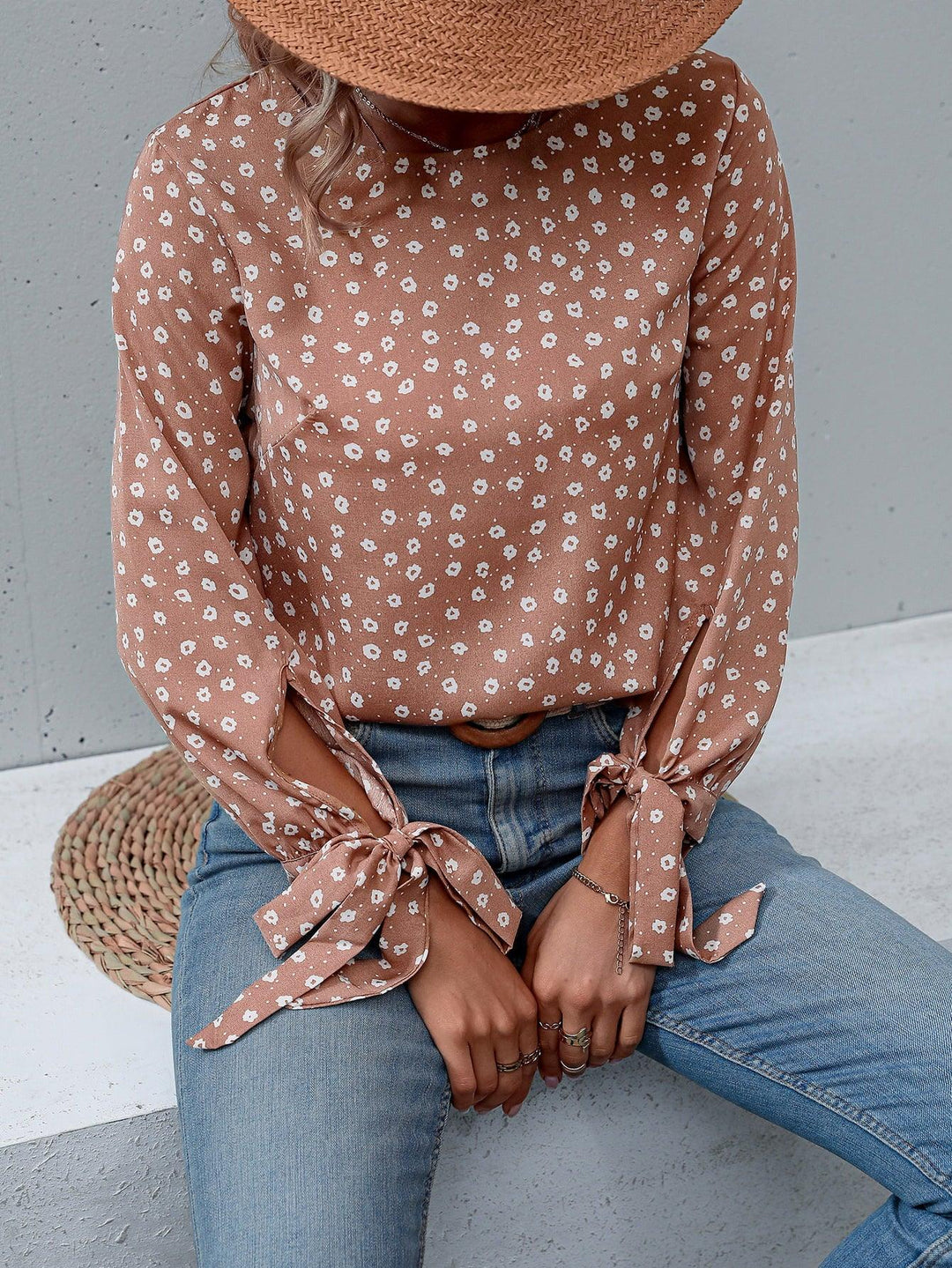 Printed Round Neck Tie Cuff Blouse - BELLATRENDZ