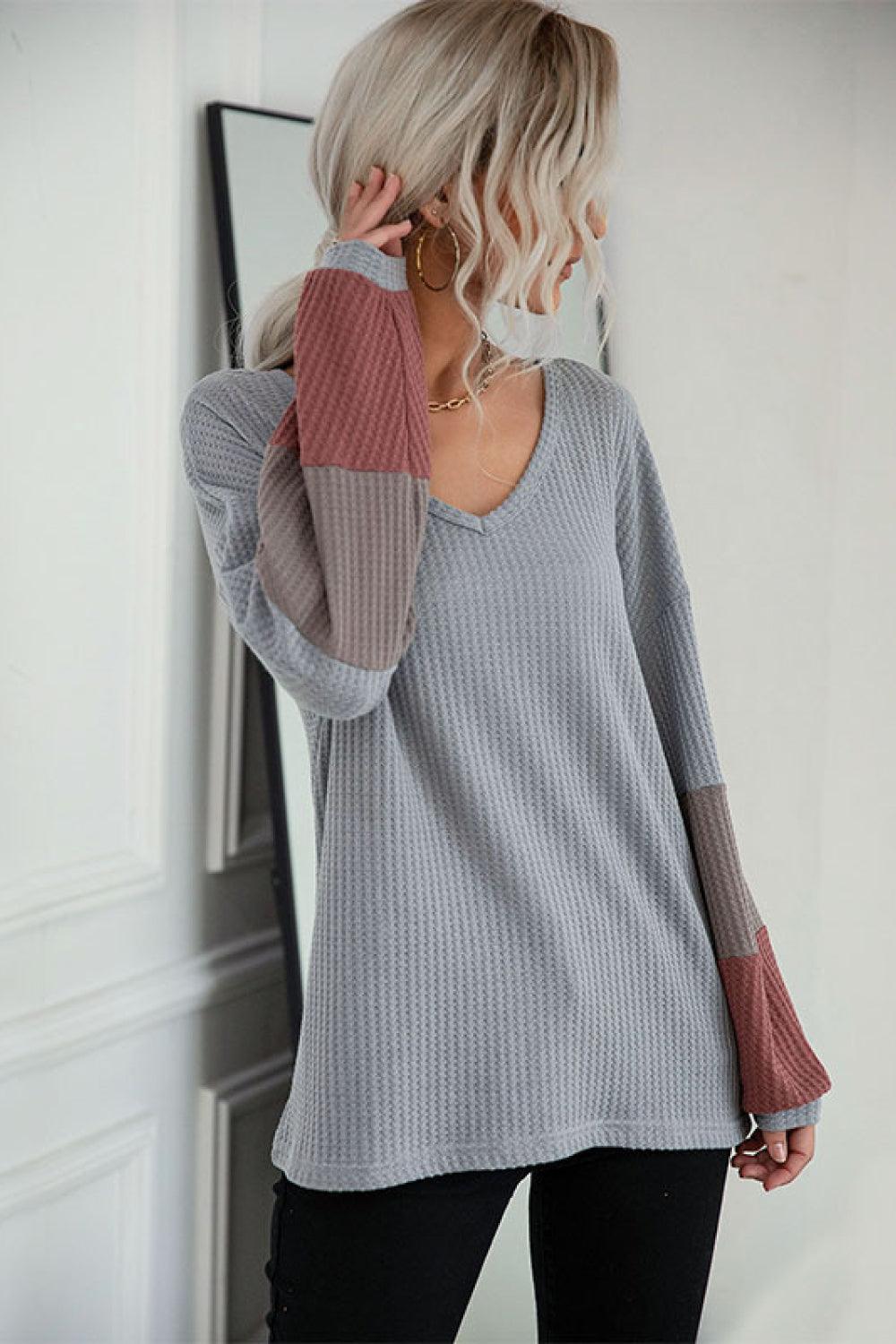 Color Block Sleeve Waffle Knit Tee - BELLATRENDZ