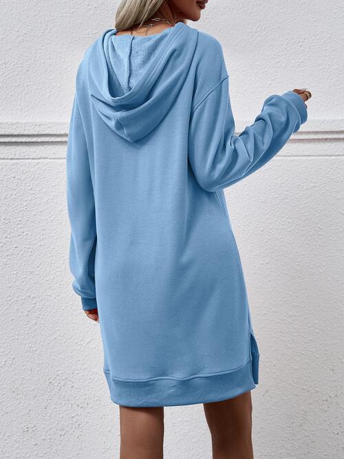 Slit Long Sleeve Hooded Dress with Pocket