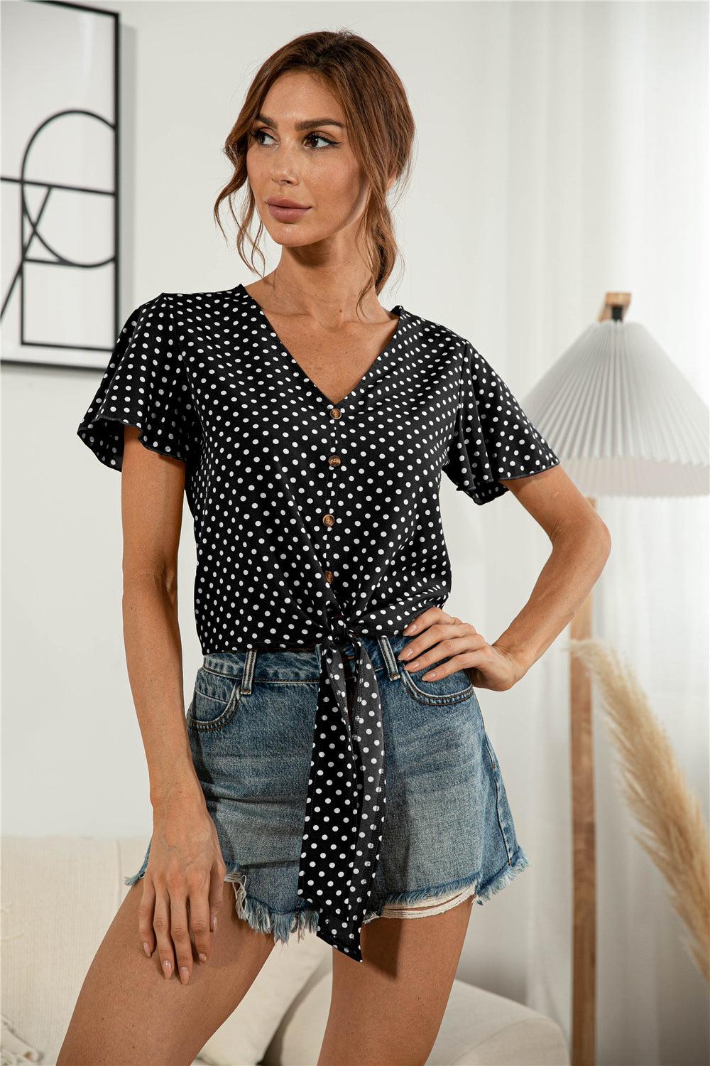 Decorative Button V-Neck Tied Blouse - BELLATRENDZ