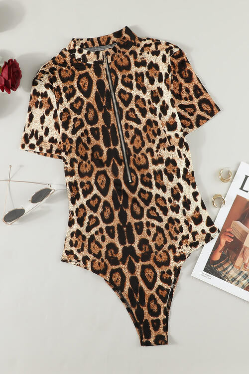 Leopard Half Zip Short Sleeve Bodysuit