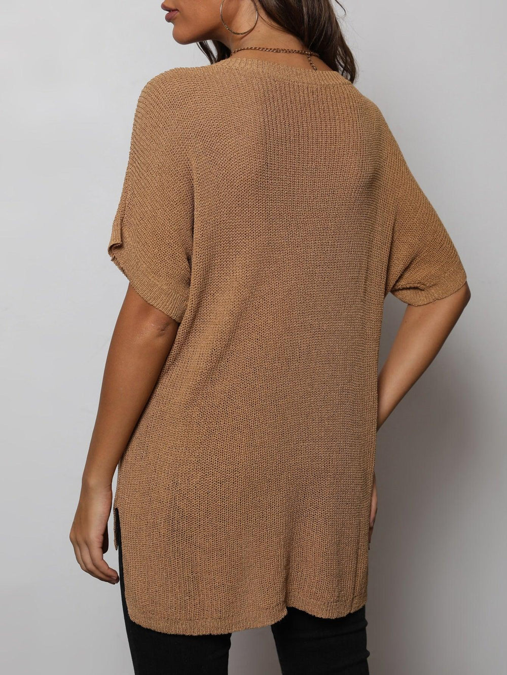 V-Neck Slit High-Low Knit Top - BELLATRENDZ