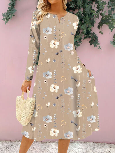 Floral Notched Long Sleeve Midi Dress