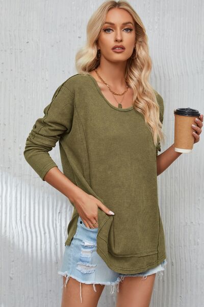 Mineral Washed Exposed Seam Round Neck Long Sleeve Blouse