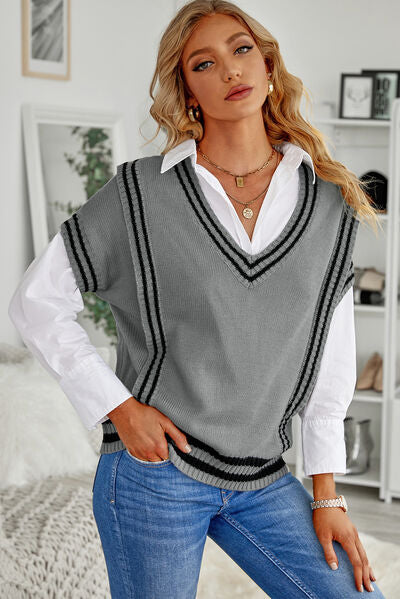 Striped V-Neck Short Sleeve Sweater