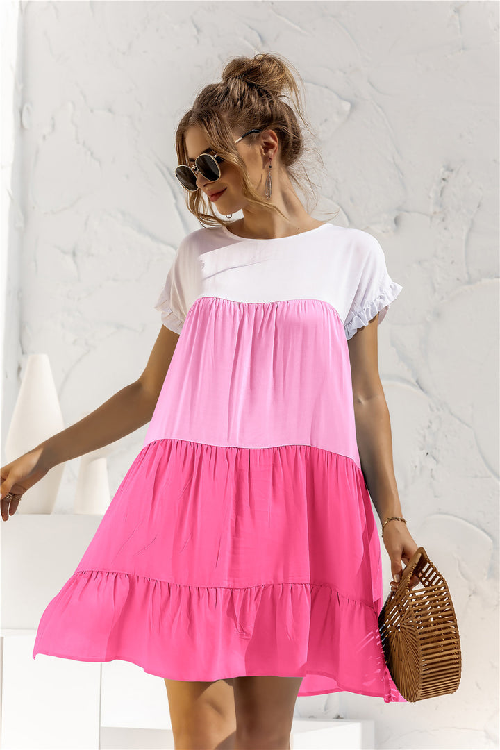 Color Block Round Neck Ruffle Hem Dress