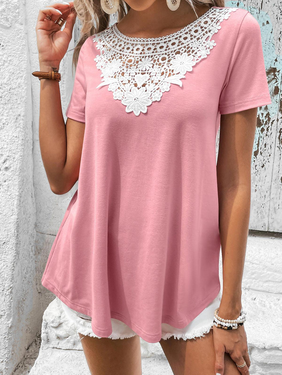 Spliced Lace Contrast Short Sleeve Top - BELLATRENDZ